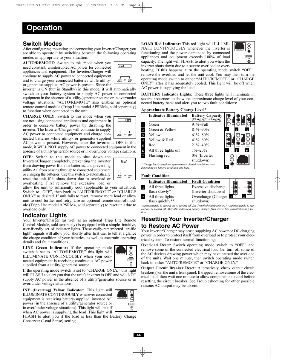 Operation, Switch modes, Indicator lights | Tripp Lite APINT Series User Manual | Page 4 / 44
