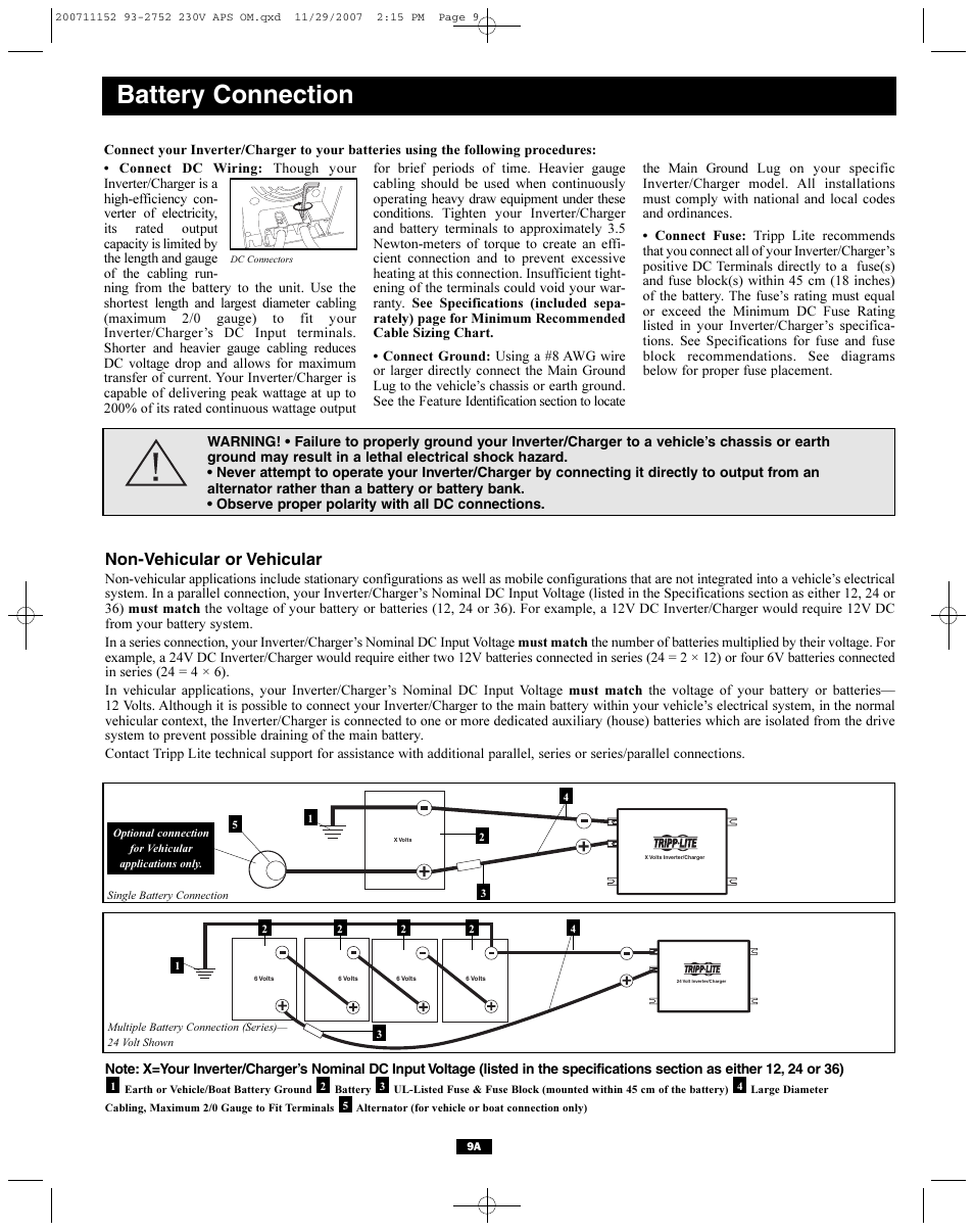 Battery connection, Non-vehicular or vehicular | Tripp Lite APINT Series User Manual | Page 9 / 44