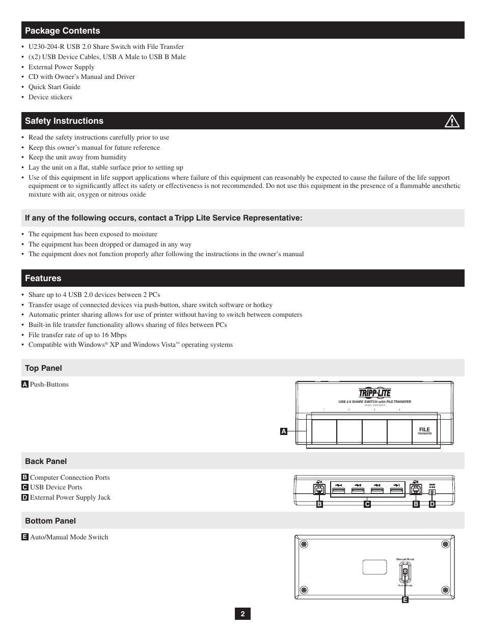 Package contents, Safety instructions, Features | Tripp Lite U230-204-R User Manual | Page 2 / 5
