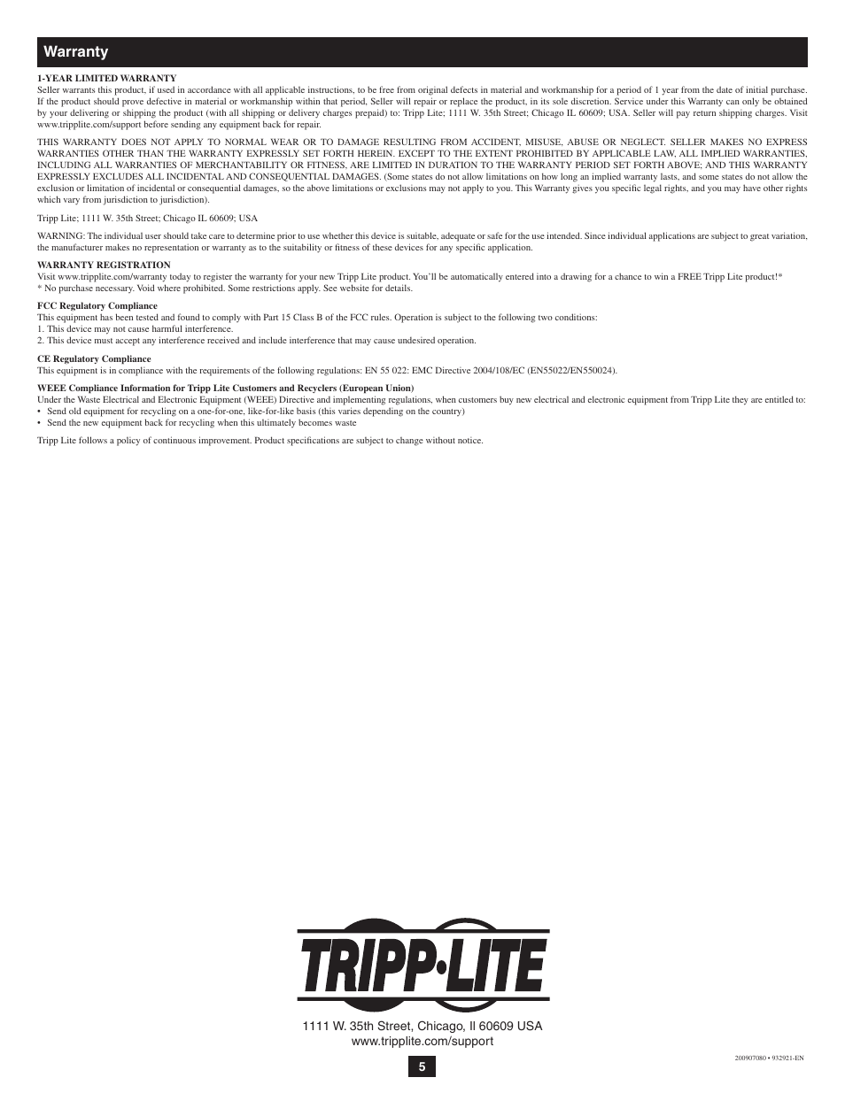 Warranty | Tripp Lite U230-204-R User Manual | Page 5 / 5