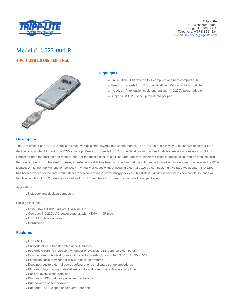 Tripp Lite 4-Port USB 2.0 Self- or Bus-Powered Ultra-Mini Hub U222-004-R User Manual | 2 pages
