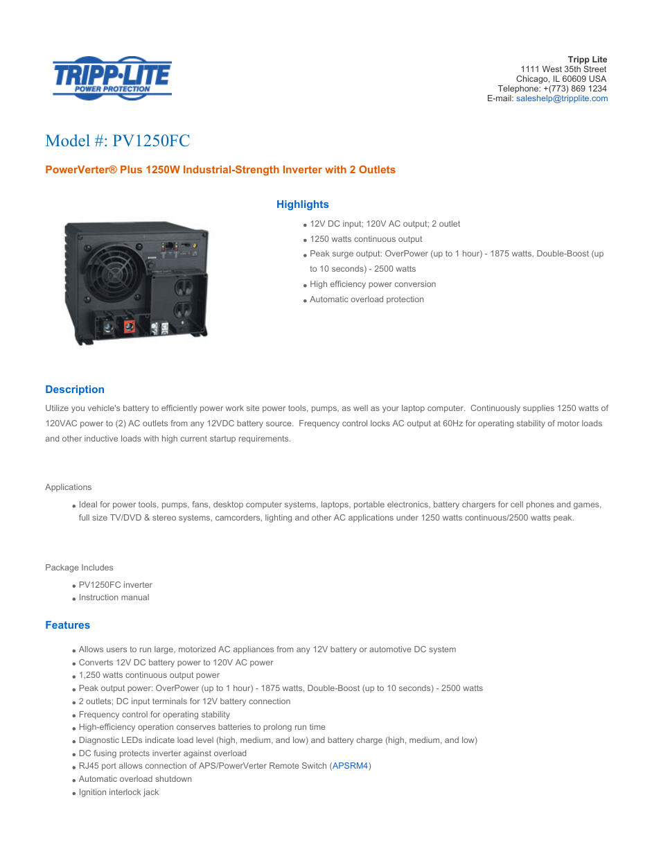 Tripp Lite PV1250FC User Manual | 3 pages