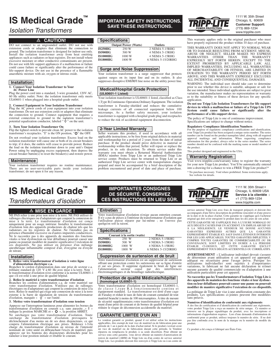 Tripp Lite Isolation Transformer User Manual | 2 pages