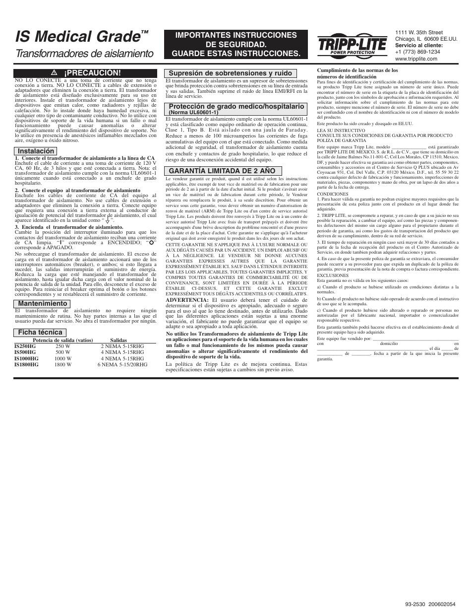 Is medical grade, Transformadores de aislamiento | Tripp Lite Isolation Transformer User Manual | Page 2 / 2