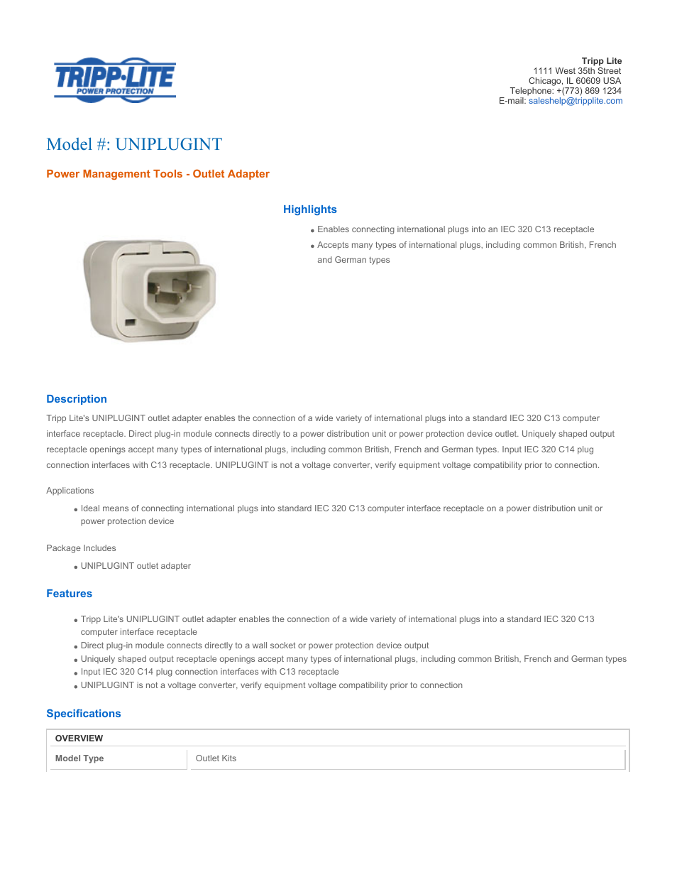 Tripp Lite UNIPLUGINT User Manual | 2 pages