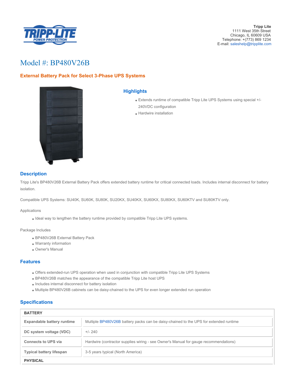 Tripp Lite BP480V26B User Manual | 2 pages