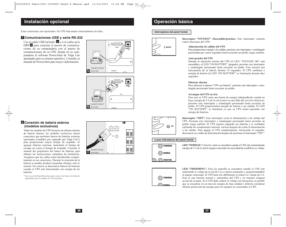 Instalación opcional, Operación básica, Comunicaciones usb y serie rs-232 | Conexión de batería externa (modelos exclusivos) | Tripp Lite 1500SLT User Manual | Page 10 / 20