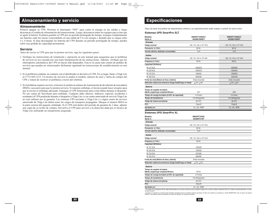 Especificaciones, Almacenamiento y servicio, Almacenamiento | Servicio | Tripp Lite 1500SLT User Manual | Page 13 / 20