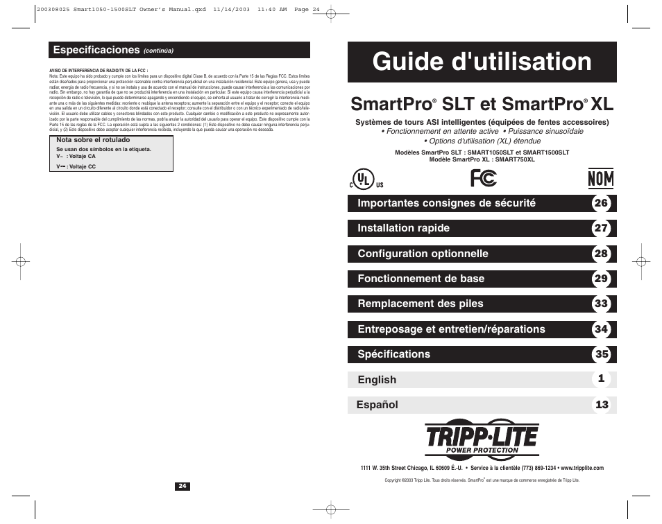 Guide d'utilisation, Smartpro, Slt et smartpro | Tripp Lite 1500SLT User Manual | Page 14 / 20