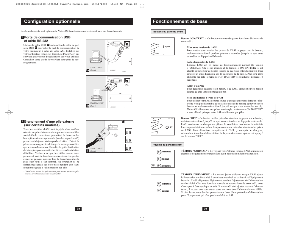 Configuration optionnelle, Fonctionnement de base, Ports de communication usb et série rs-232 | Tripp Lite 1500SLT User Manual | Page 16 / 20