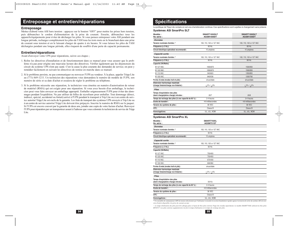 Spécifications, Entreposage et entretien/réparations, Entreposage | Entretien/réparations | Tripp Lite 1500SLT User Manual | Page 19 / 20