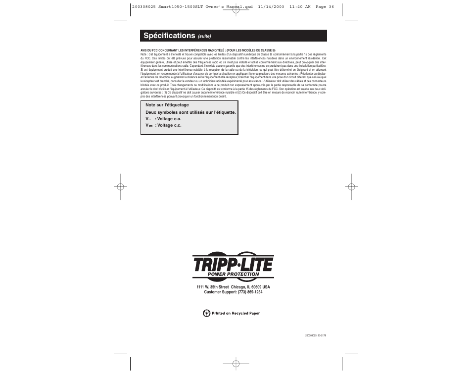 Spécifications | Tripp Lite 1500SLT User Manual | Page 20 / 20