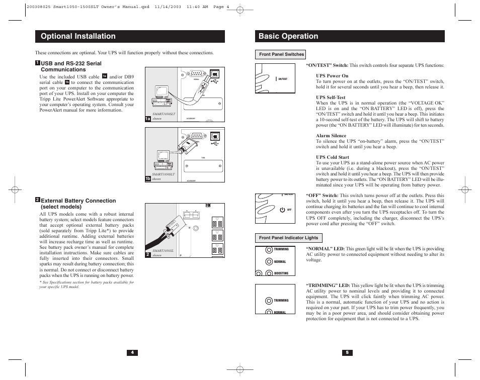 Basic operation, Optional installation, Usb and rs-232 serial communications | External battery connection (select models) | Tripp Lite 1500SLT User Manual | Page 4 / 20