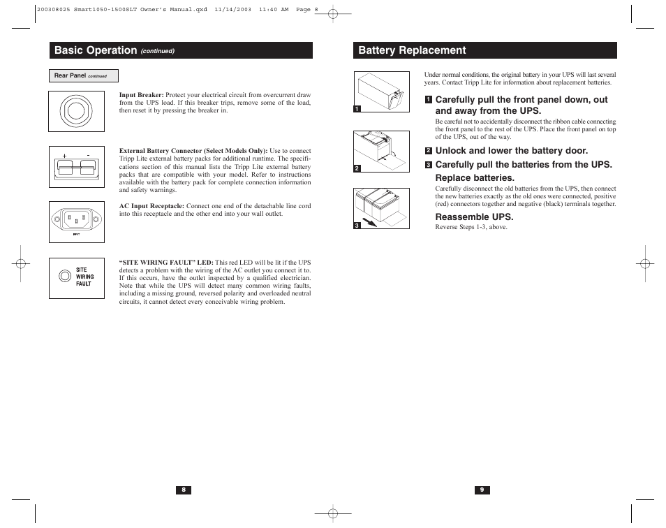 Basic operation, Battery replacement | Tripp Lite 1500SLT User Manual | Page 6 / 20