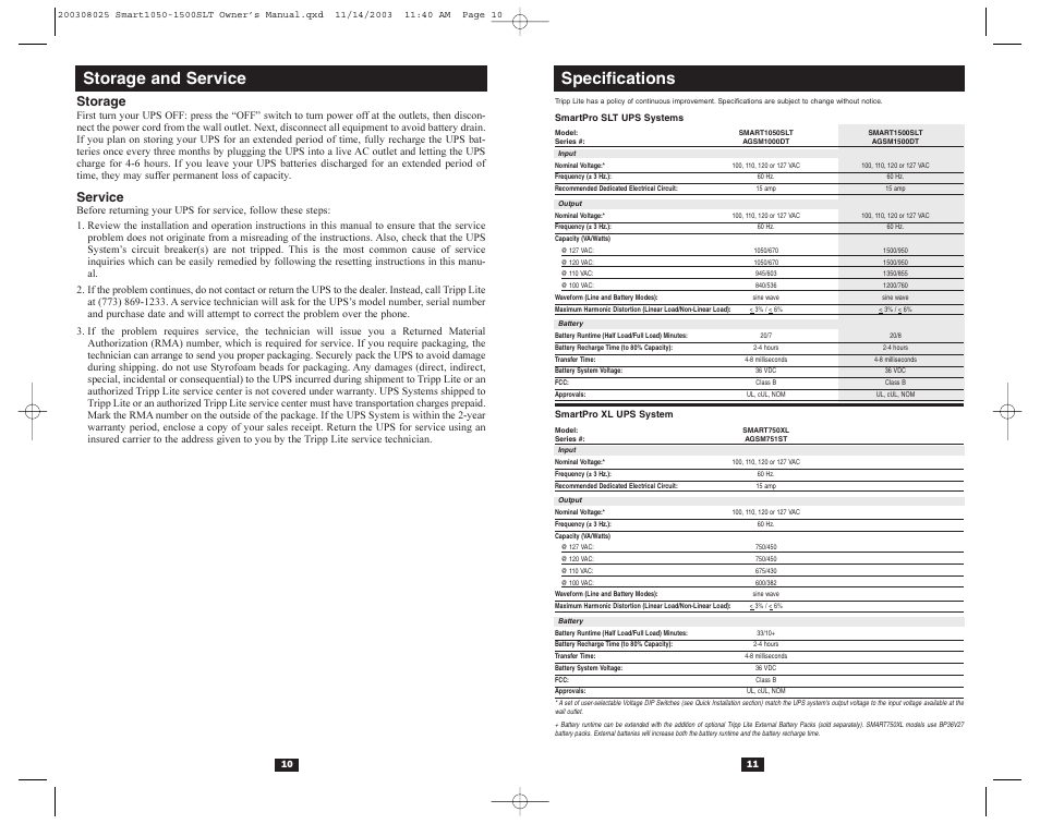 Specifications, Storage and service, Storage | Service | Tripp Lite 1500SLT User Manual | Page 7 / 20