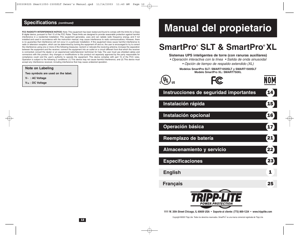 Manual del propietario, Smartpro, Slt & smartpro | Tripp Lite 1500SLT User Manual | Page 8 / 20