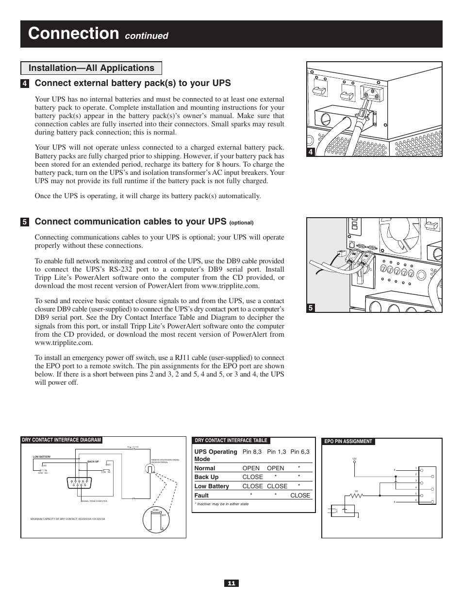 Connection, Continued, Connect external battery pack(s) to your ups | Connect communication cables to your ups, Installation—all applications | Tripp Lite BP240V10RT3U User Manual | Page 11 / 17