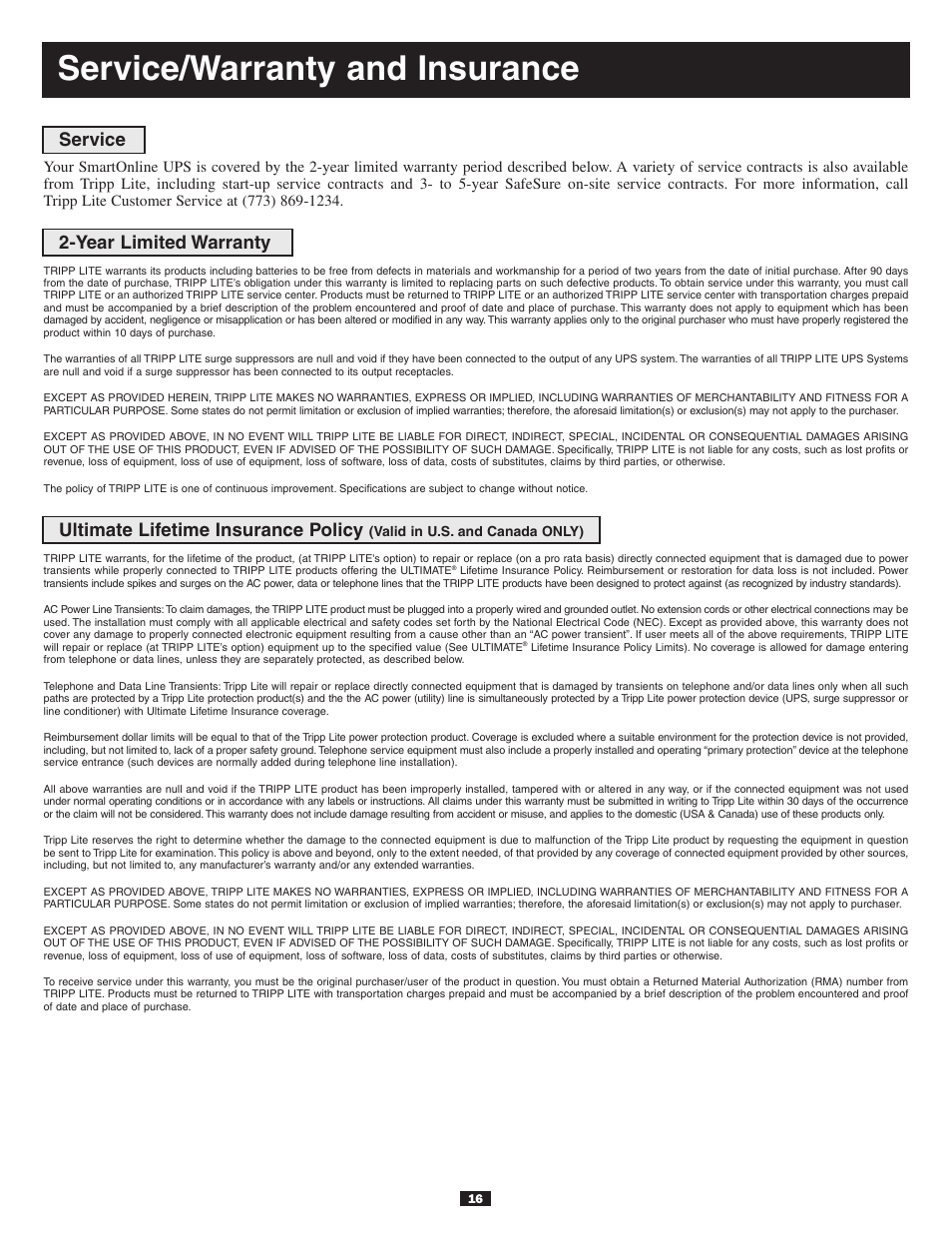 Service/warranty and insurance | Tripp Lite BP240V10RT3U User Manual | Page 16 / 17