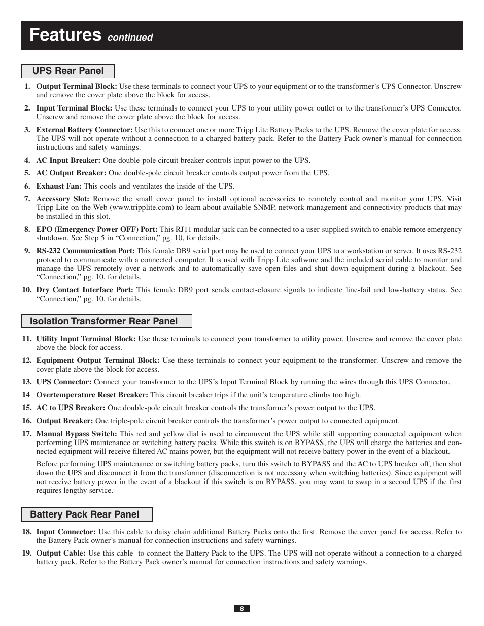 Features | Tripp Lite BP240V10RT3U User Manual | Page 8 / 17