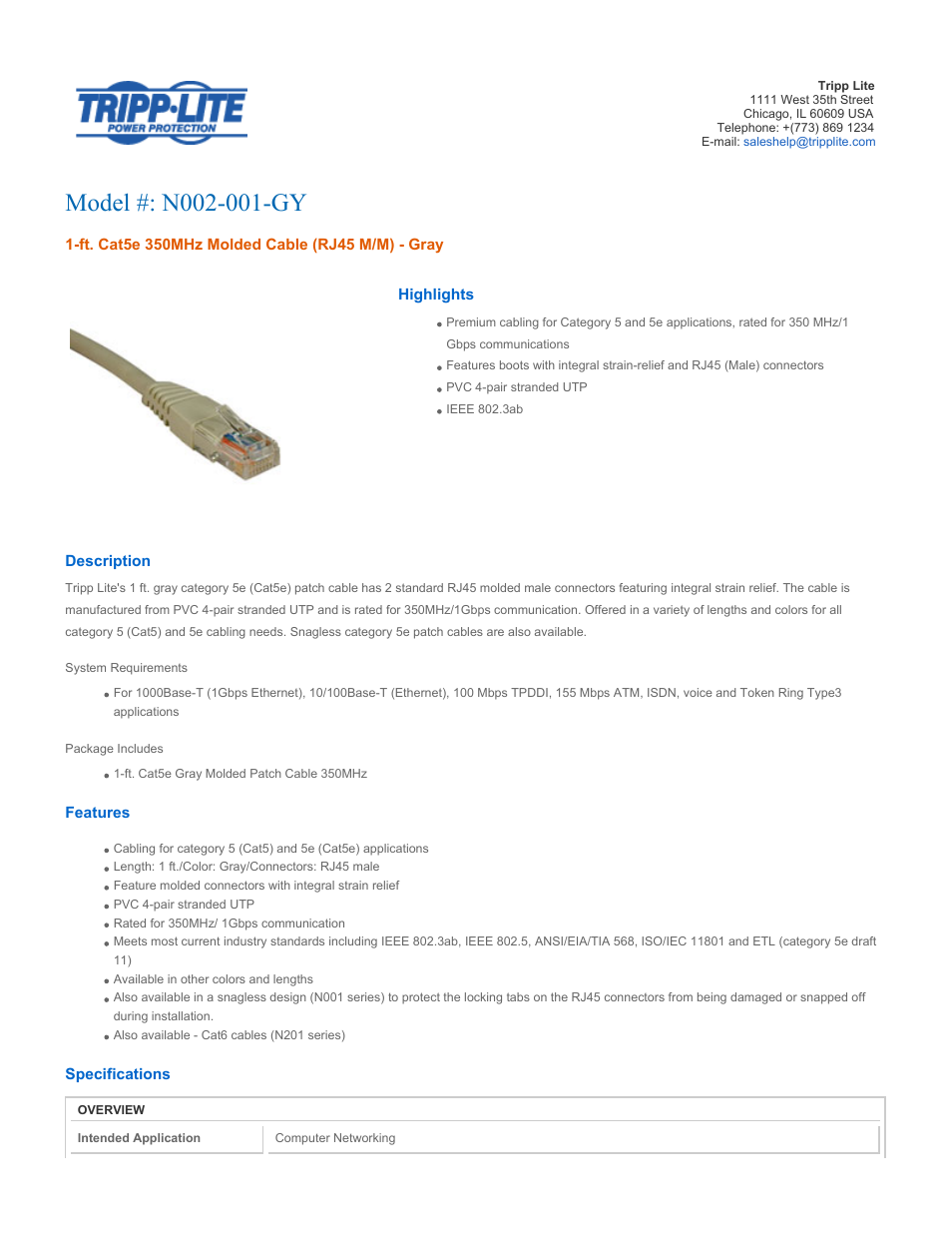 Tripp Lite N002-001-GY User Manual | 3 pages