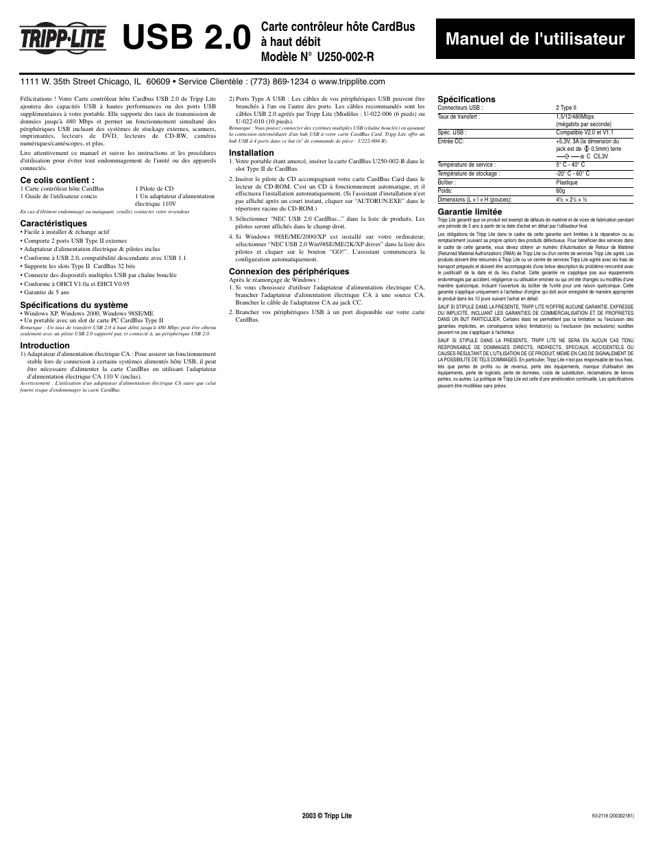 Usb 2.0, Manuel de l'utilisateur | Tripp Lite U250-002-R User Manual | Page 2 / 2