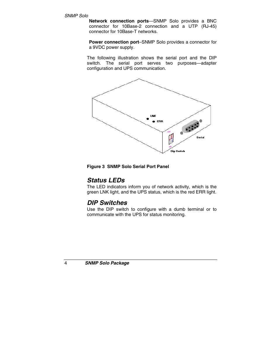 Status leds, Dip switches | Tripp Lite SNMP Solo MT-SE-37/02 User Manual | Page 10 / 44