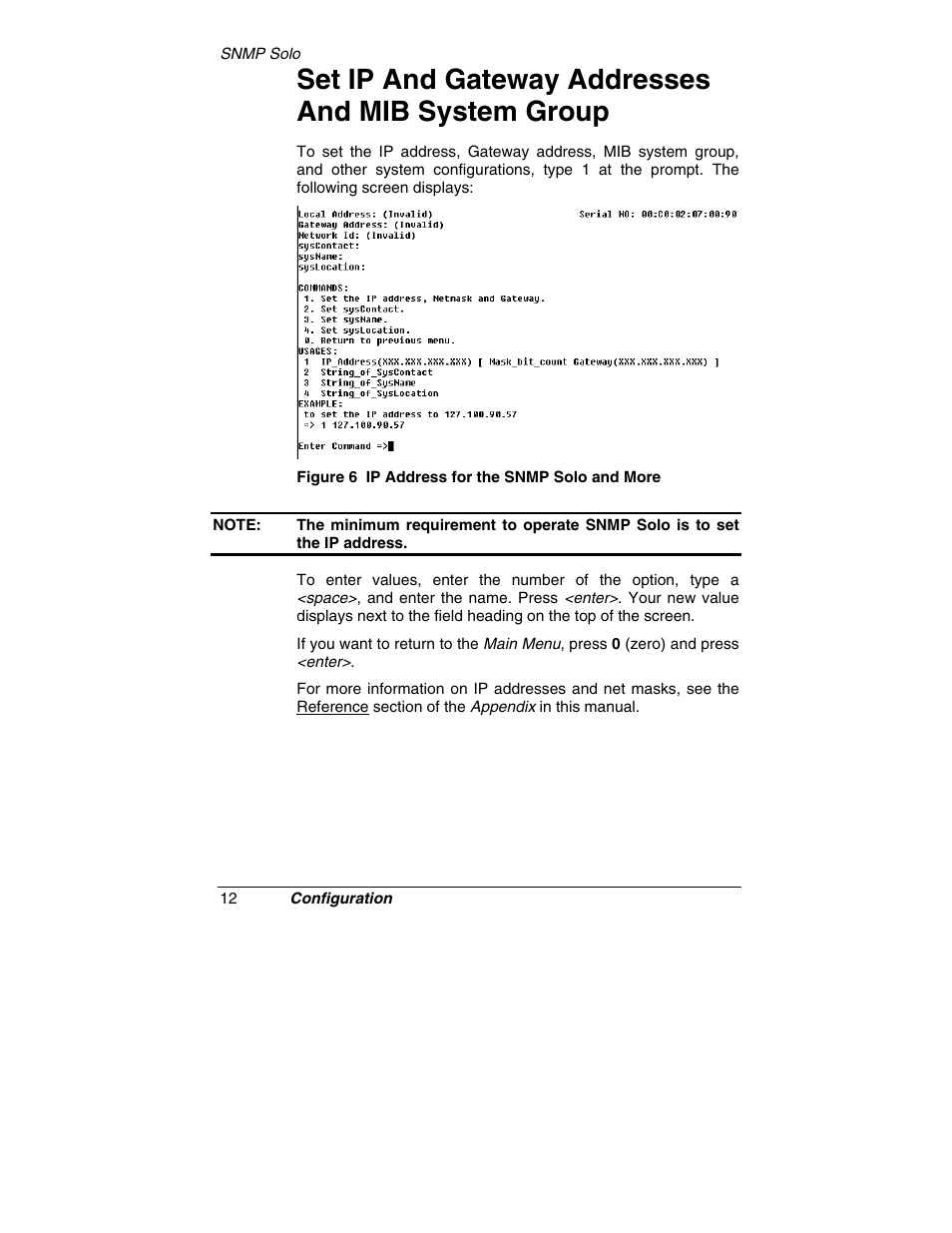 Set ip and gateway addresses and mib system group | Tripp Lite SNMP Solo MT-SE-37/02 User Manual | Page 18 / 44