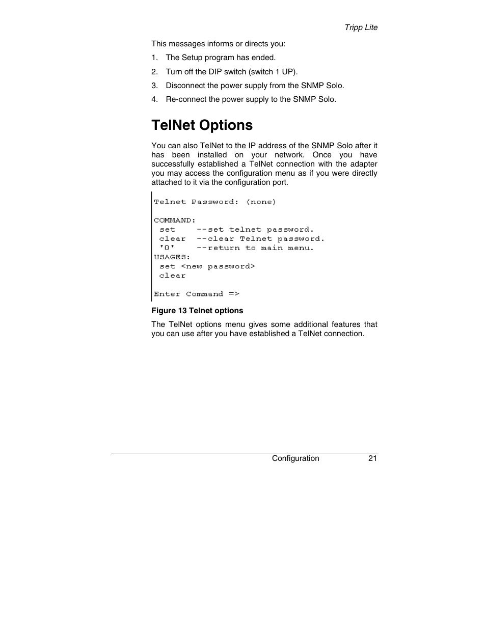 Telnet options | Tripp Lite SNMP Solo MT-SE-37/02 User Manual | Page 27 / 44