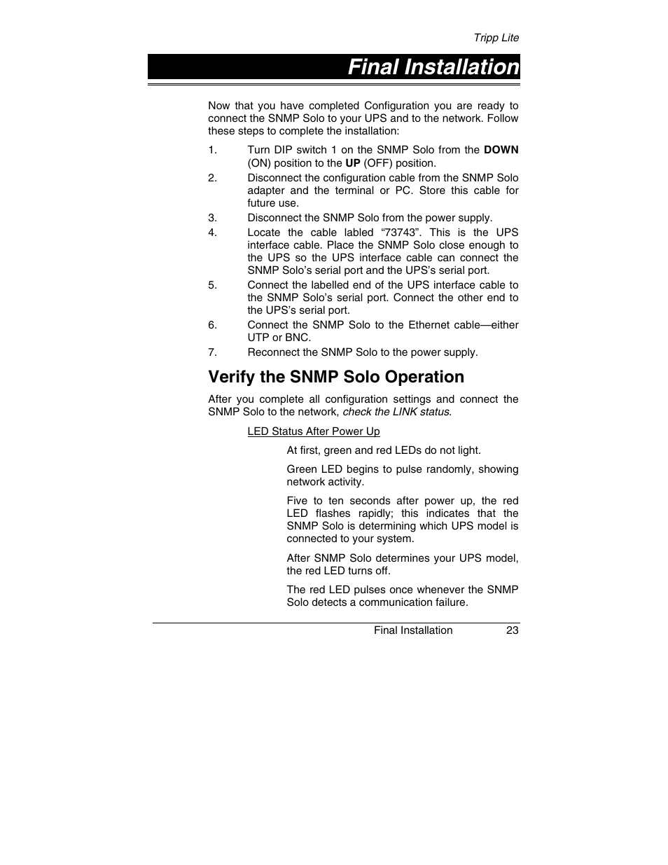 Final installation, Verify the snmp solo operation | Tripp Lite SNMP Solo MT-SE-37/02 User Manual | Page 29 / 44