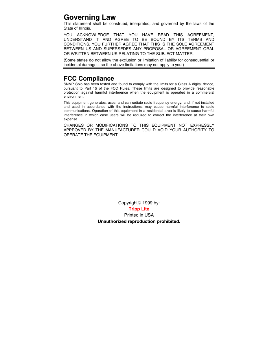 Governing law, Fcc compliance | Tripp Lite SNMP Solo MT-SE-37/02 User Manual | Page 3 / 44