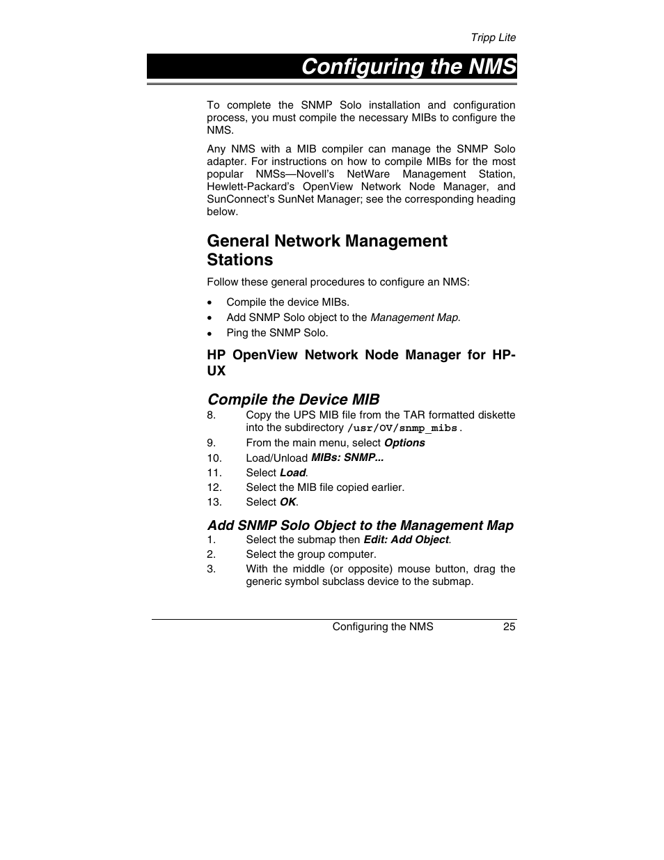 Configuring the nms, General network management stations, Compile the device mib | Tripp Lite SNMP Solo MT-SE-37/02 User Manual | Page 31 / 44