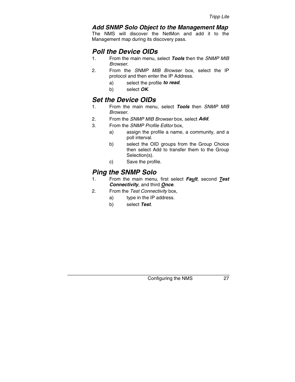 Poll the device oids, Set the device oids, Ping the snmp solo | Add snmp solo object to the management map | Tripp Lite SNMP Solo MT-SE-37/02 User Manual | Page 33 / 44