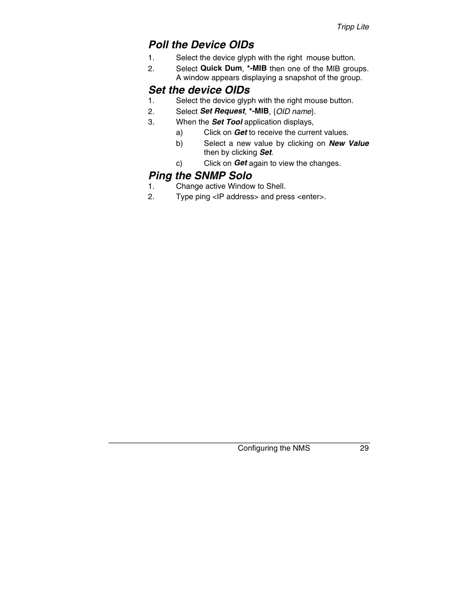 Poll the device oids, Set the device oids, Ping the snmp solo | Tripp Lite SNMP Solo MT-SE-37/02 User Manual | Page 35 / 44