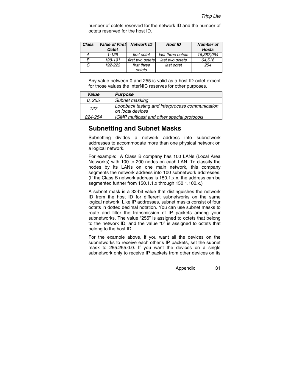 Subnetting and subnet masks | Tripp Lite SNMP Solo MT-SE-37/02 User Manual | Page 37 / 44