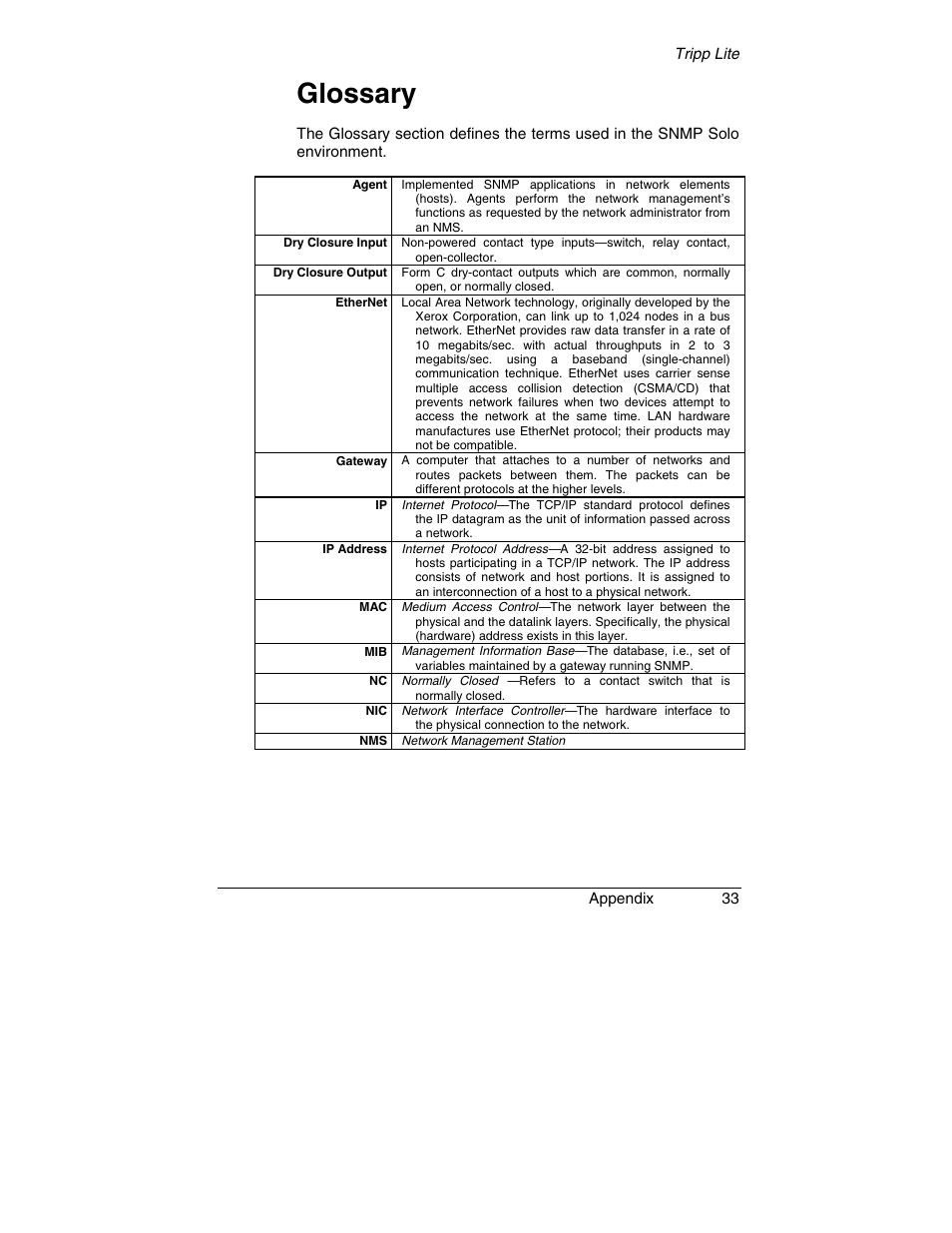 Glossary | Tripp Lite SNMP Solo MT-SE-37/02 User Manual | Page 39 / 44