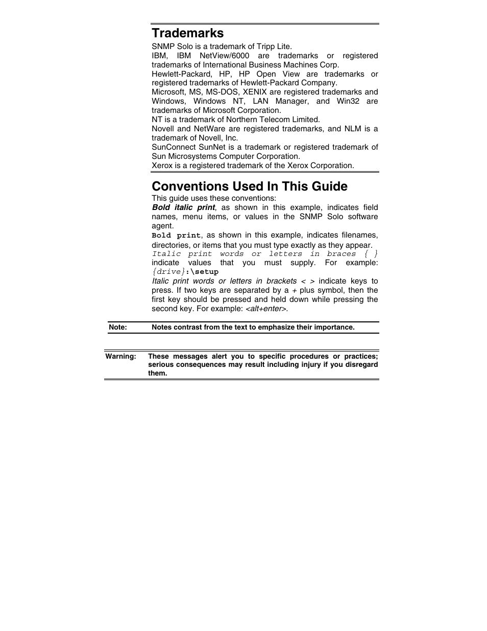 Trademarks, Conventions used in this guide | Tripp Lite SNMP Solo MT-SE-37/02 User Manual | Page 4 / 44
