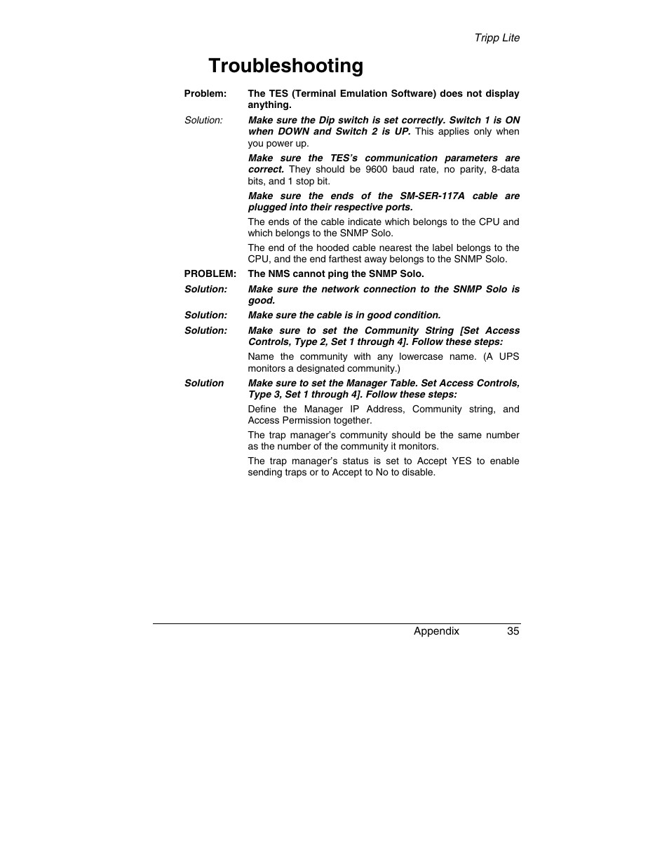 Troubleshooting | Tripp Lite SNMP Solo MT-SE-37/02 User Manual | Page 41 / 44