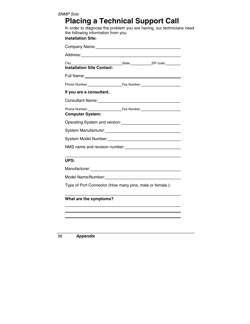 Placing a technical support call | Tripp Lite SNMP Solo MT-SE-37/02 User Manual | Page 42 / 44