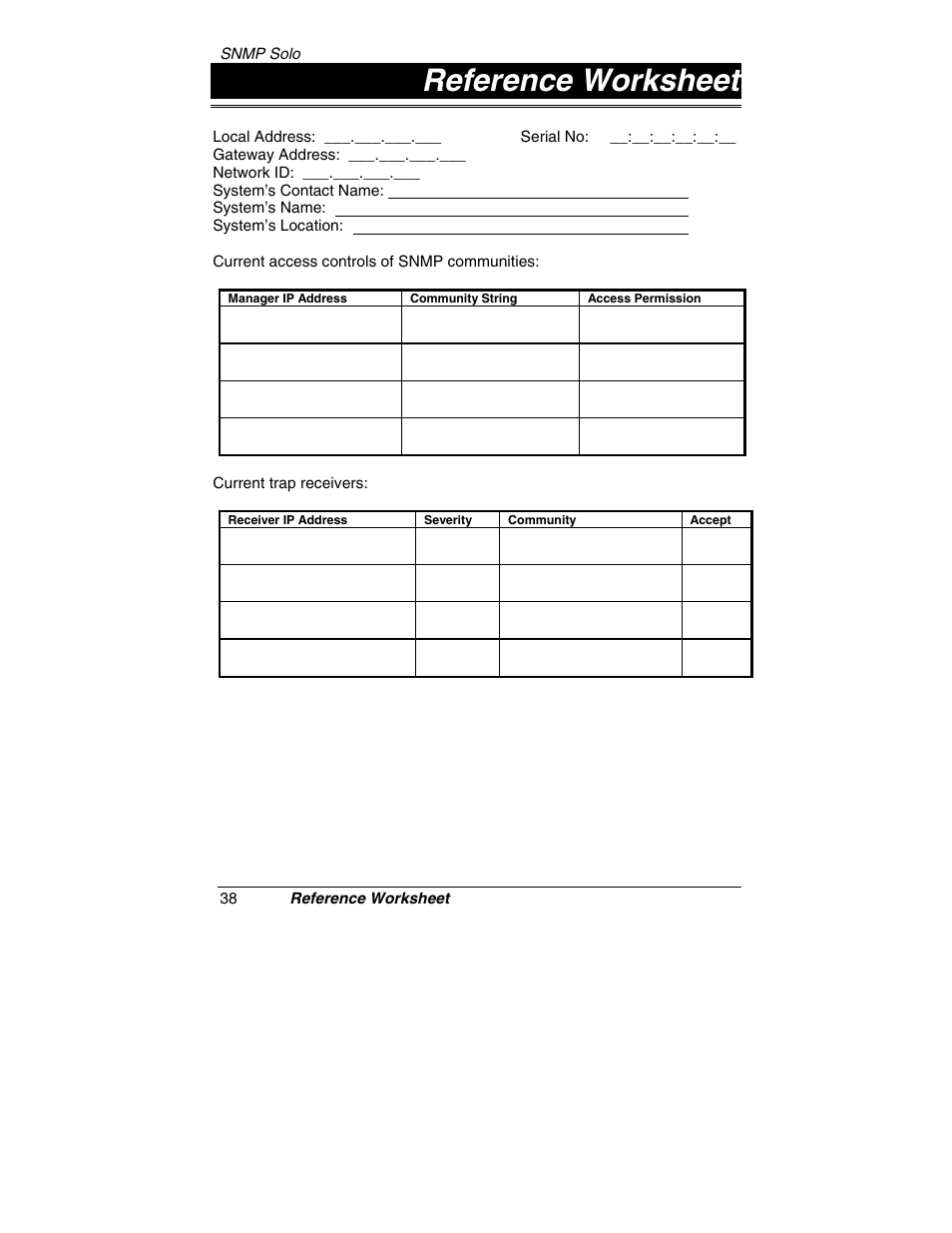 Reference worksheet | Tripp Lite SNMP Solo MT-SE-37/02 User Manual | Page 44 / 44