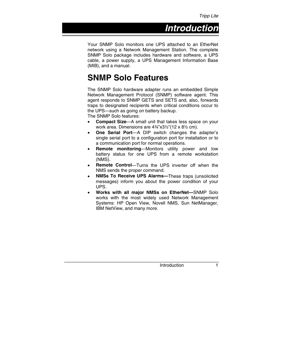 Introduction, Snmp solo features | Tripp Lite SNMP Solo MT-SE-37/02 User Manual | Page 7 / 44