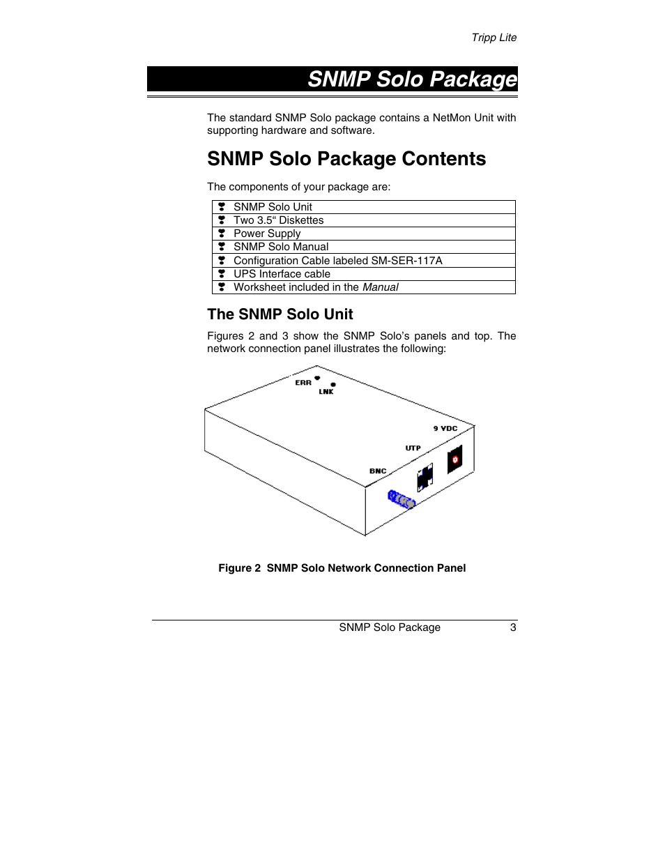 Snmp solo package, Snmp solo package contents, The snmp solo unit | Tripp Lite SNMP Solo MT-SE-37/02 User Manual | Page 9 / 44