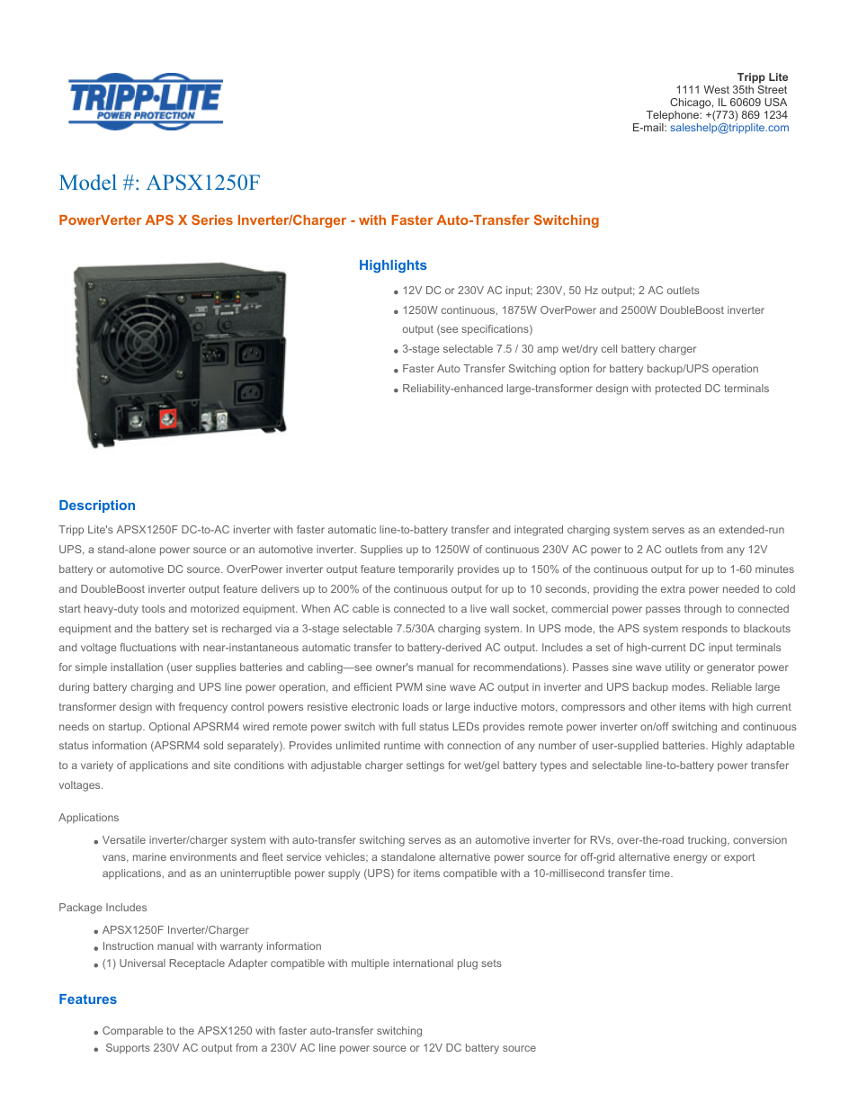 Tripp Lite APSX1250F User Manual | 4 pages