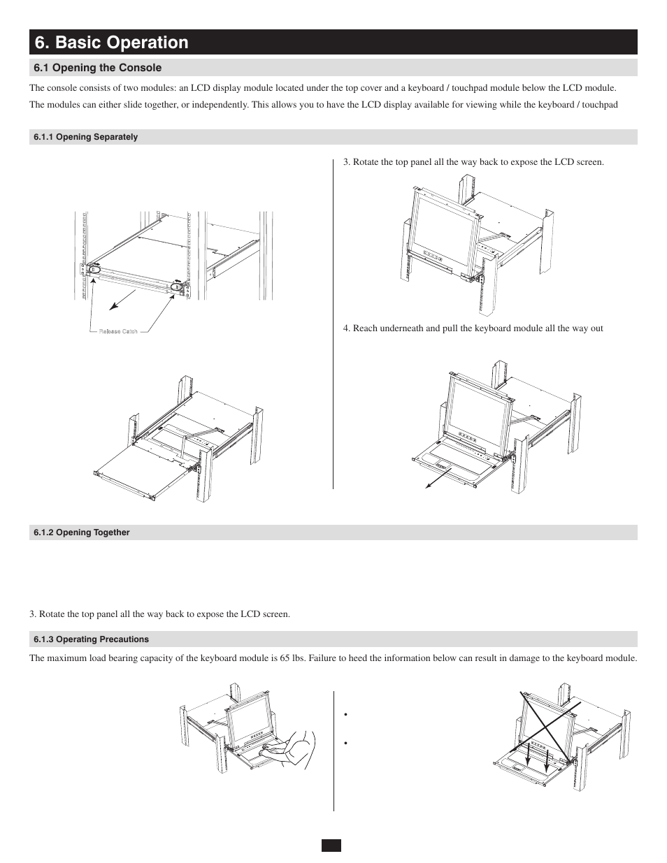 Basic operation, 1 opening the console, 1 opening separately | 2 opening together, 3 operating precautions | Tripp Lite 932845 User Manual | Page 10 / 45