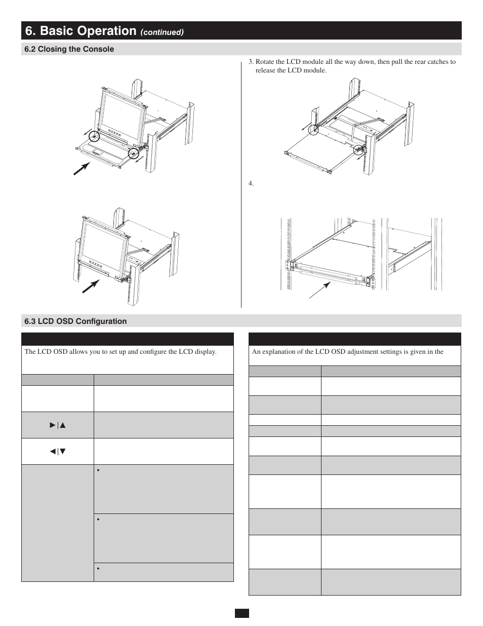 2 closing the console, 3 lcd osd configuration, Basic operation | Tripp Lite 932845 User Manual | Page 11 / 45