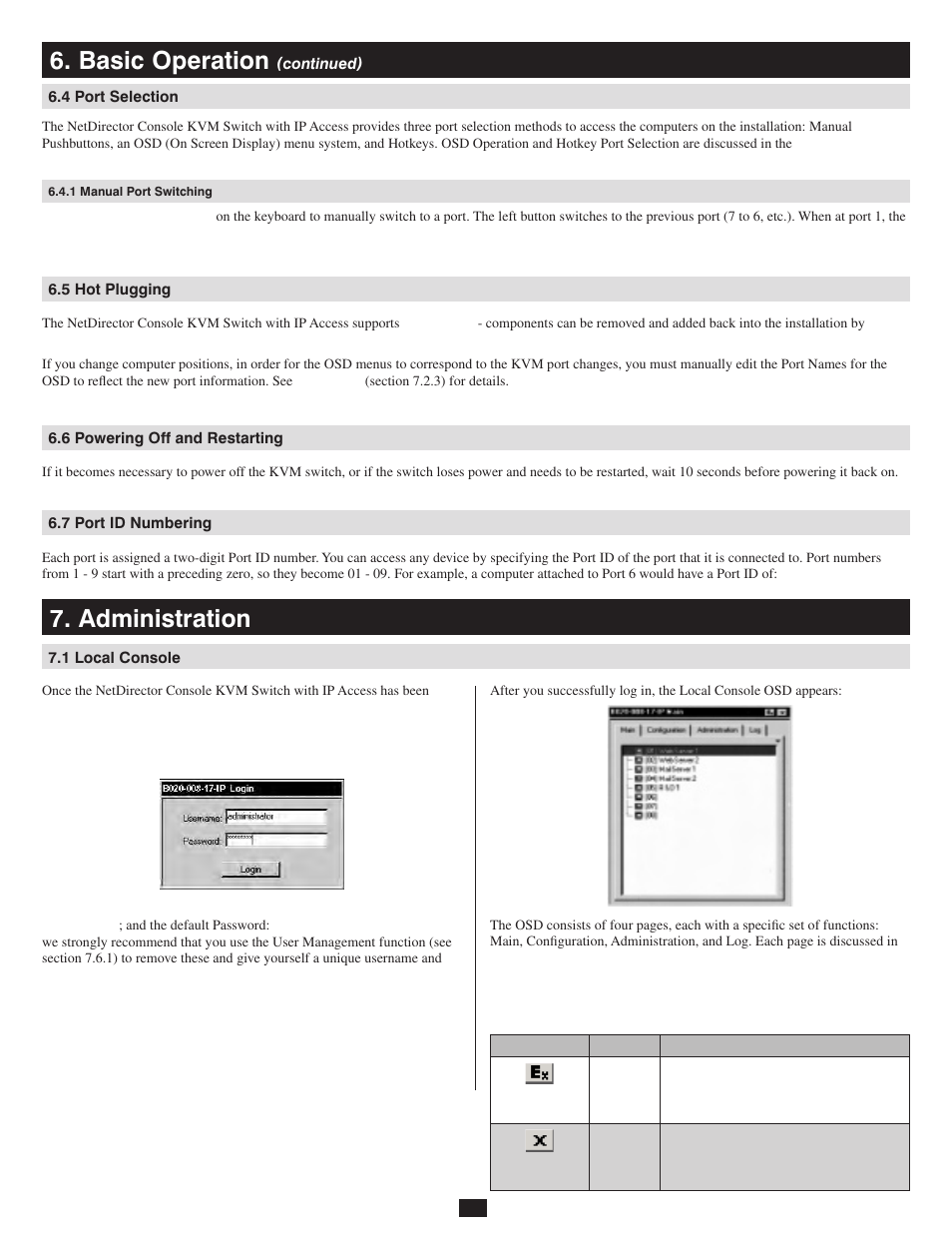 4 port selection, 1 manual port switching, 5 hot plugging | 6 powering off and restarting, 7 port id numbering, Administration, 1 local console, Basic operation | Tripp Lite 932845 User Manual | Page 12 / 45