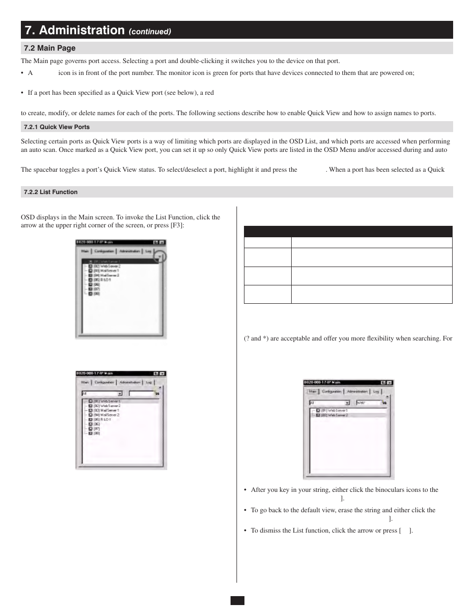 1 quick view ports, 2 list function, Administration | Tripp Lite 932845 User Manual | Page 13 / 45