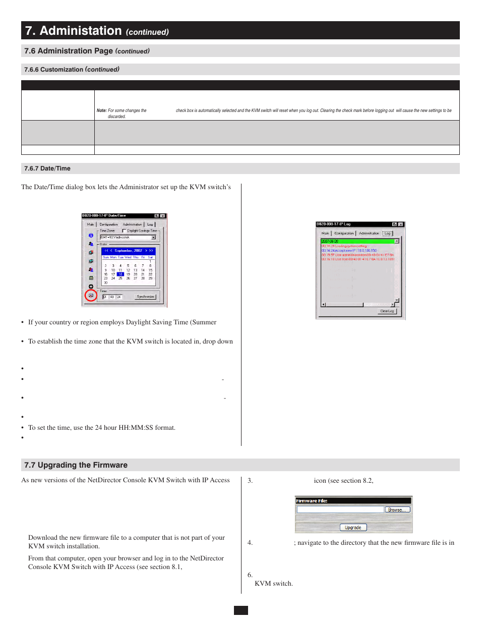 7 date/time, 7 upgrading the firmware, Administation | Tripp Lite 932845 User Manual | Page 21 / 45