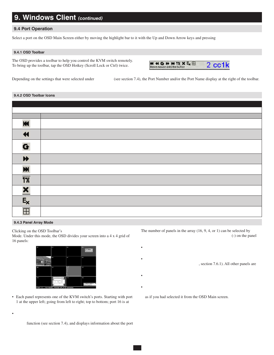 4 port operation, 1 osd toolbar, 2 osd toolbar icons | 3 panel array mode, Windows client | Tripp Lite 932845 User Manual | Page 29 / 45