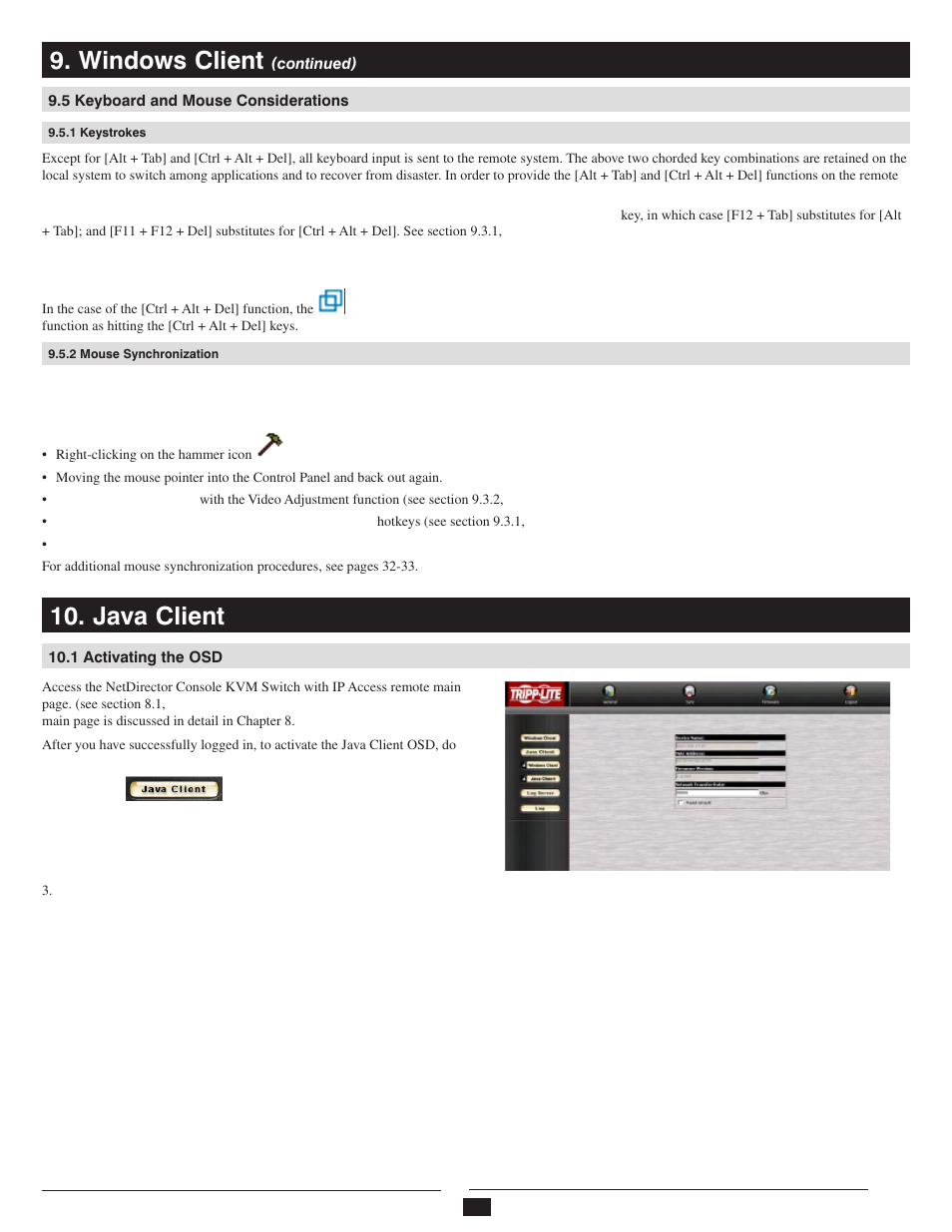 5 keyboard and mouse considerations, 1 keystrokes, 2 mouse synchronization | Java client, 1 activating the osd, Windows client | Tripp Lite 932845 User Manual | Page 31 / 45