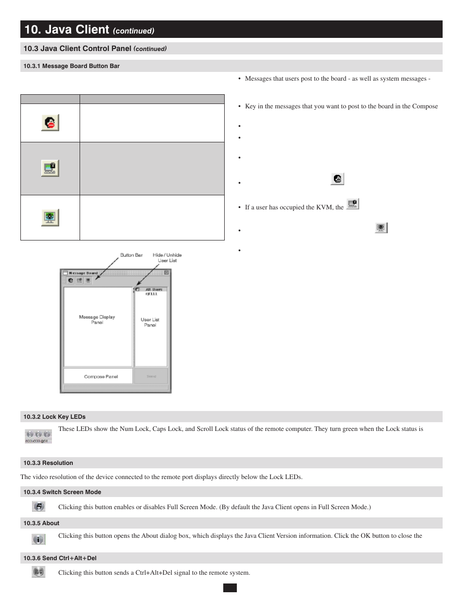 1 message board button bar, 2 lock key leds, 3 resolution | 4 switch screen mode, 5 about, 6 send ctrl+alt+del, Java client | Tripp Lite 932845 User Manual | Page 34 / 45